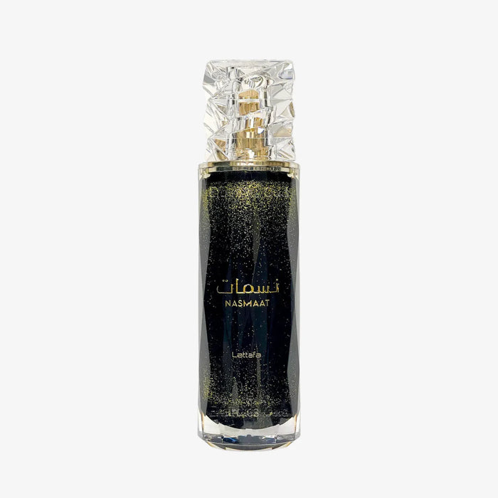 Nasmaat Parfum 100ml by Lattafa in an elegant black perfume bottle with a crystal-style cap and gold detailing