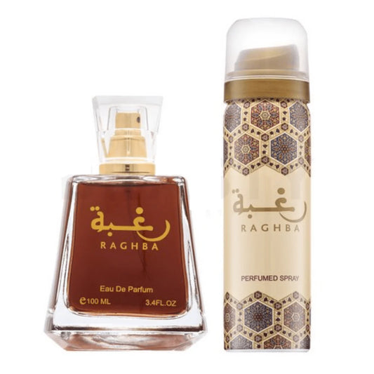 Raghba for Women Eau de Parfum Spray 100ml with Lattafa perfumed deodorant featuring warm vanilla, oud, sandalwood and amber fragrance