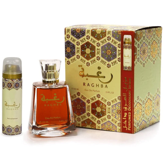 Raghba for Women Eau de Parfum 100ml with Lattafa perfumed deodorant and decorative gift box packaging