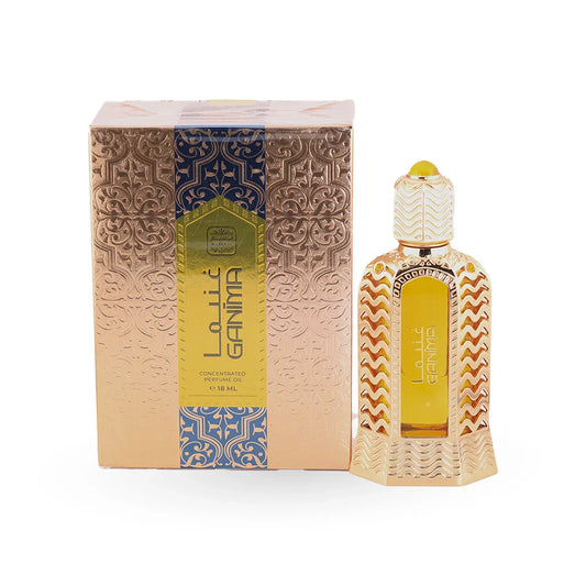 Close-up of gold-engraved detailing on Naseem Ganima 18ml alcohol-free perfume oil
